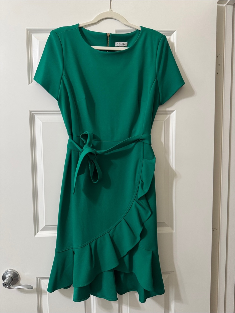 Calvin Klein Emerald Green Short-Sleeve Ruffle Wrap Dress